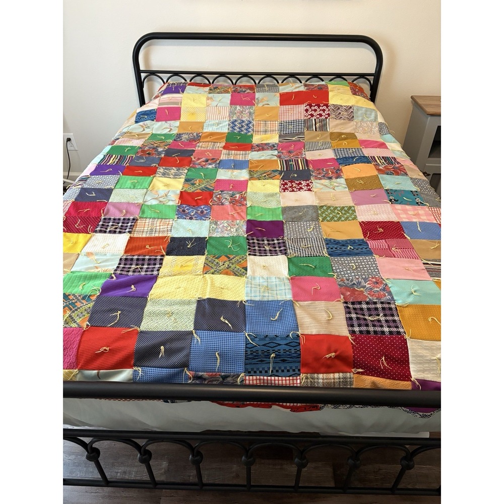 Vintage Polyester, Thread Tied Quilt, 77" X 87" Colorful